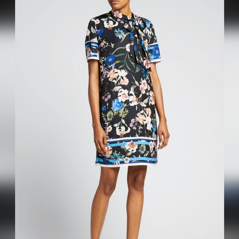 Badgley Mischka Floral Crepe De Chine Tie-Neck Shift Dress Size 2